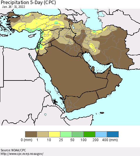 Middle East and Turkey Precipitation 5-Day (CPC) Thematic Map For 1/26/2022 - 1/31/2022