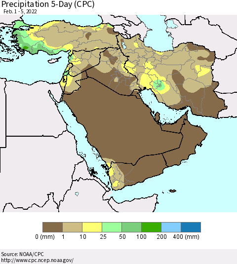 Middle East and Turkey Precipitation 5-Day (CPC) Thematic Map For 2/1/2022 - 2/5/2022