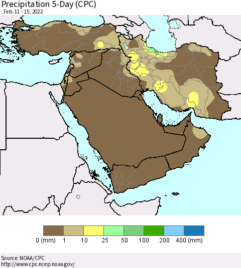 Middle East and Turkey Precipitation 5-Day (CPC) Thematic Map For 2/11/2022 - 2/15/2022
