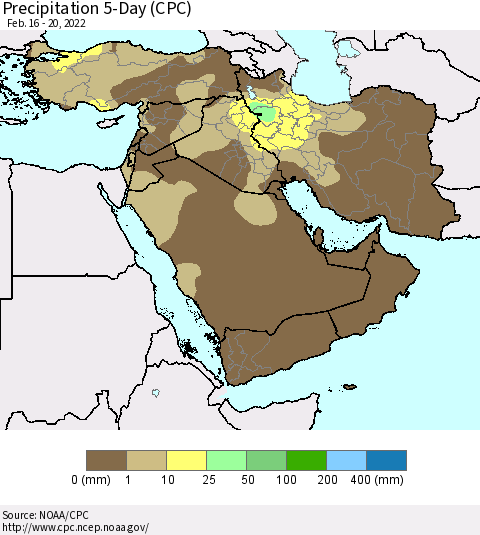 Middle East and Turkey Precipitation 5-Day (CPC) Thematic Map For 2/16/2022 - 2/20/2022