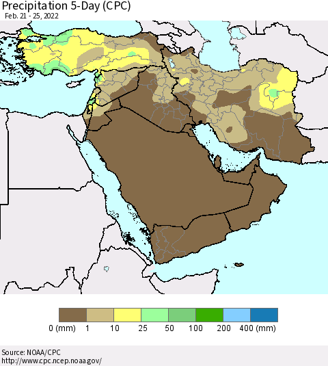 Middle East and Turkey Precipitation 5-Day (CPC) Thematic Map For 2/21/2022 - 2/25/2022