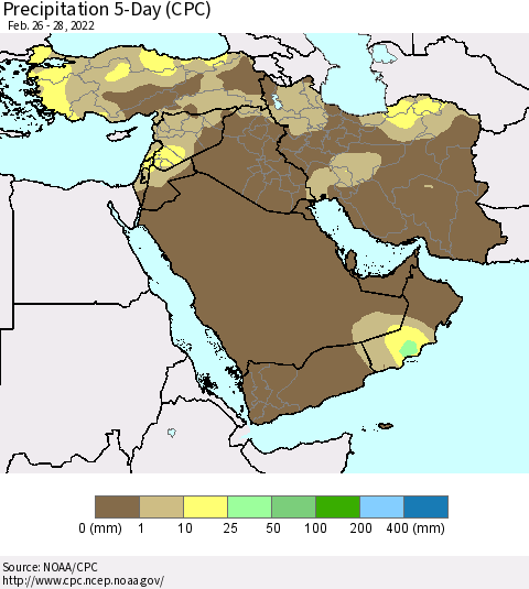 Middle East and Turkey Precipitation 5-Day (CPC) Thematic Map For 2/26/2022 - 2/28/2022