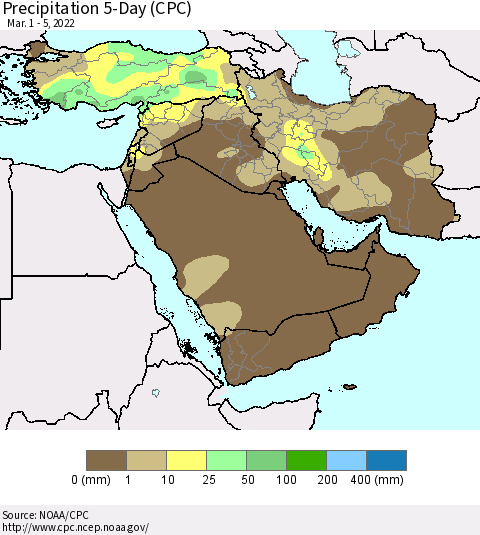 Middle East and Turkey Precipitation 5-Day (CPC) Thematic Map For 3/1/2022 - 3/5/2022
