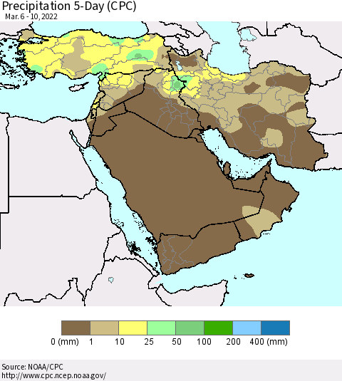 Middle East and Turkey Precipitation 5-Day (CPC) Thematic Map For 3/6/2022 - 3/10/2022