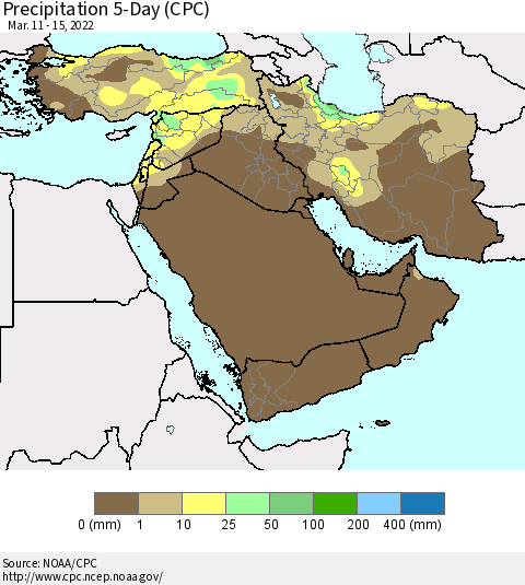 Middle East and Turkey Precipitation 5-Day (CPC) Thematic Map For 3/11/2022 - 3/15/2022
