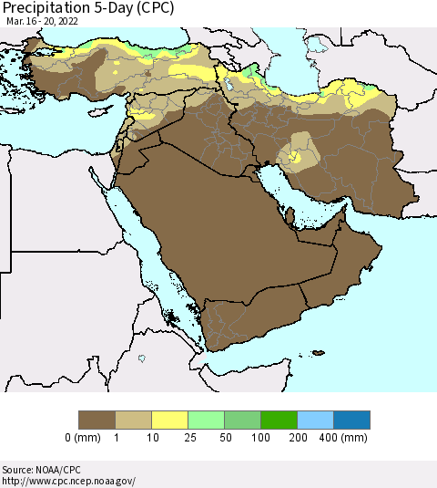 Middle East and Turkey Precipitation 5-Day (CPC) Thematic Map For 3/16/2022 - 3/20/2022