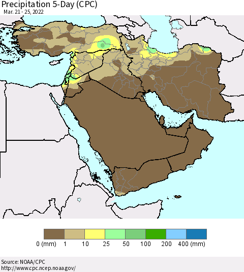 Middle East and Turkey Precipitation 5-Day (CPC) Thematic Map For 3/21/2022 - 3/25/2022