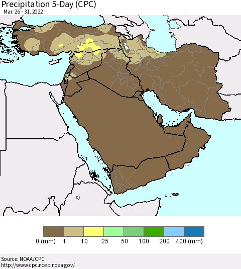 Middle East and Turkey Precipitation 5-Day (CPC) Thematic Map For 3/26/2022 - 3/31/2022