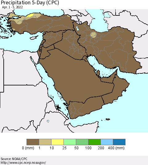 Middle East and Turkey Precipitation 5-Day (CPC) Thematic Map For 4/1/2022 - 4/5/2022