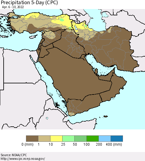 Middle East and Turkey Precipitation 5-Day (CPC) Thematic Map For 4/6/2022 - 4/10/2022