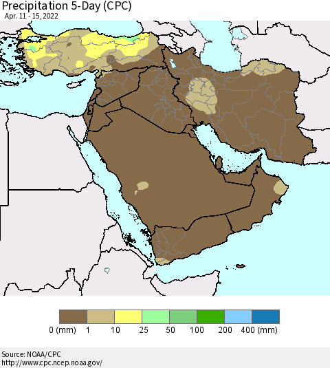 Middle East and Turkey Precipitation 5-Day (CPC) Thematic Map For 4/11/2022 - 4/15/2022