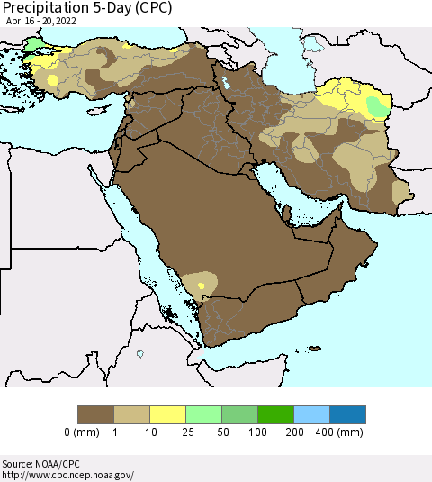 Middle East and Turkey Precipitation 5-Day (CPC) Thematic Map For 4/16/2022 - 4/20/2022