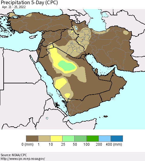 Middle East and Turkey Precipitation 5-Day (CPC) Thematic Map For 4/21/2022 - 4/25/2022