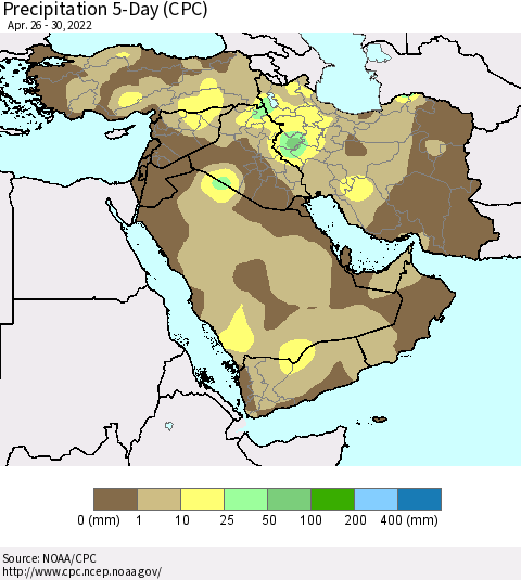 Middle East and Turkey Precipitation 5-Day (CPC) Thematic Map For 4/26/2022 - 4/30/2022