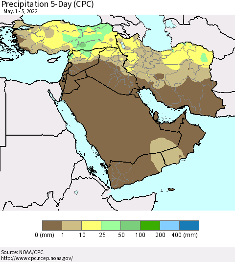 Middle East and Turkey Precipitation 5-Day (CPC) Thematic Map For 5/1/2022 - 5/5/2022