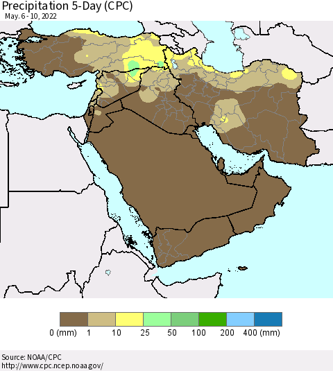 Middle East and Turkey Precipitation 5-Day (CPC) Thematic Map For 5/6/2022 - 5/10/2022