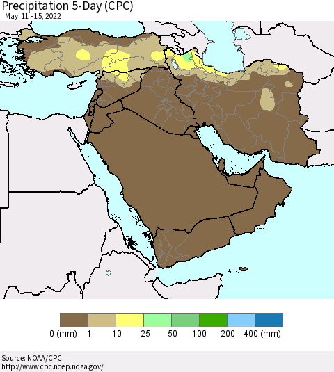 Middle East and Turkey Precipitation 5-Day (CPC) Thematic Map For 5/11/2022 - 5/15/2022
