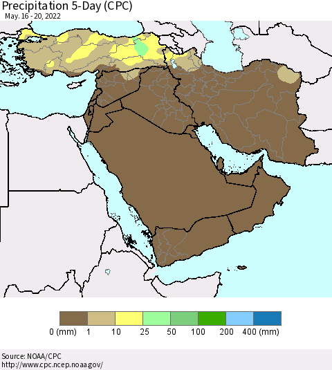 Middle East and Turkey Precipitation 5-Day (CPC) Thematic Map For 5/16/2022 - 5/20/2022
