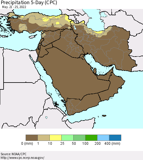 Middle East and Turkey Precipitation 5-Day (CPC) Thematic Map For 5/21/2022 - 5/25/2022