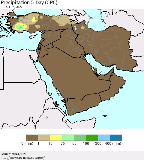 Middle East and Turkey Precipitation 5-Day (CPC) Thematic Map For 6/1/2022 - 6/5/2022