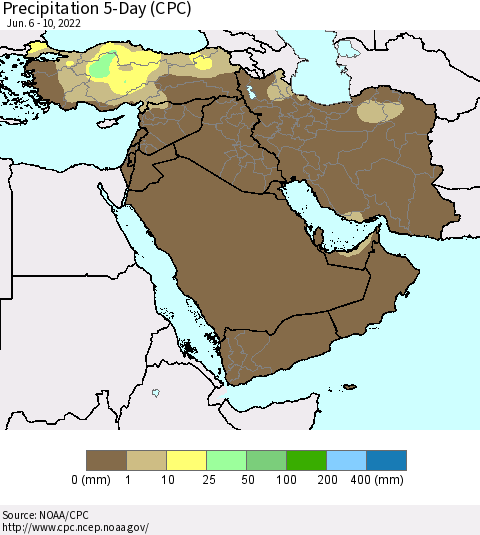 Middle East and Turkey Precipitation 5-Day (CPC) Thematic Map For 6/6/2022 - 6/10/2022