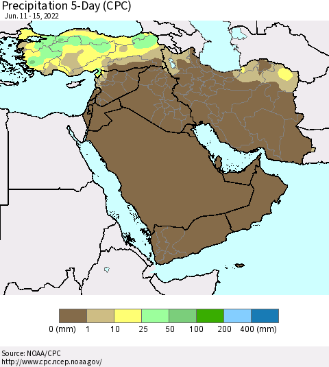 Middle East and Turkey Precipitation 5-Day (CPC) Thematic Map For 6/11/2022 - 6/15/2022