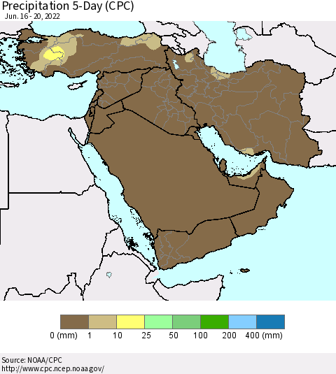 Middle East and Turkey Precipitation 5-Day (CPC) Thematic Map For 6/16/2022 - 6/20/2022