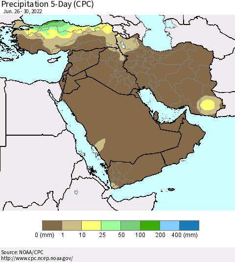 Middle East and Turkey Precipitation 5-Day (CPC) Thematic Map For 6/26/2022 - 6/30/2022