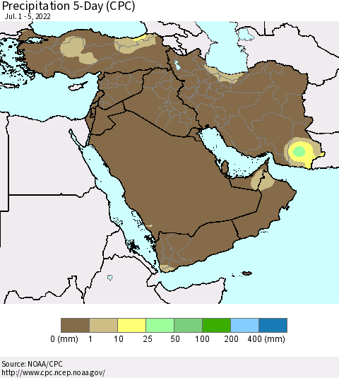 Middle East and Turkey Precipitation 5-Day (CPC) Thematic Map For 7/1/2022 - 7/5/2022