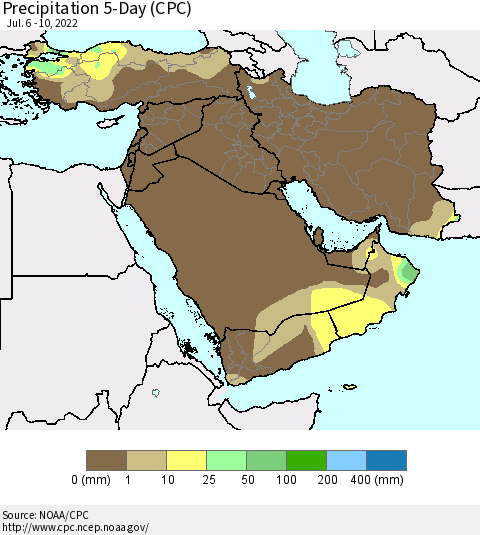 Middle East and Turkey Precipitation 5-Day (CPC) Thematic Map For 7/6/2022 - 7/10/2022