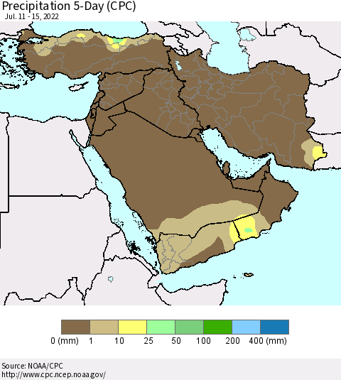 Middle East and Turkey Precipitation 5-Day (CPC) Thematic Map For 7/11/2022 - 7/15/2022