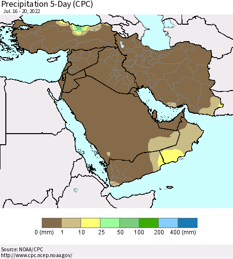 Middle East and Turkey Precipitation 5-Day (CPC) Thematic Map For 7/16/2022 - 7/20/2022