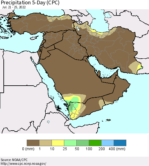 Middle East and Turkey Precipitation 5-Day (CPC) Thematic Map For 7/21/2022 - 7/25/2022