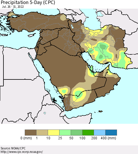Middle East and Turkey Precipitation 5-Day (CPC) Thematic Map For 7/26/2022 - 7/31/2022