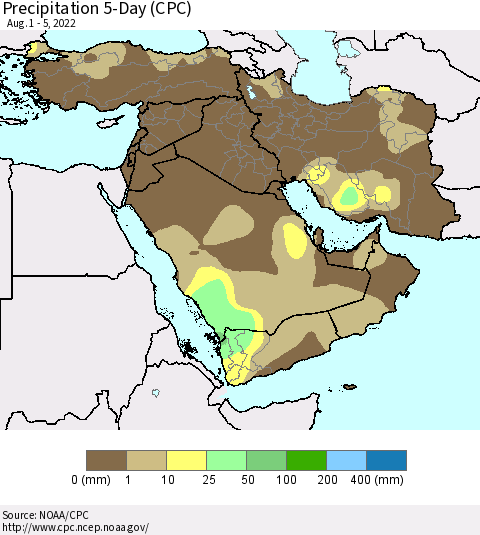 Middle East and Turkey Precipitation 5-Day (CPC) Thematic Map For 8/1/2022 - 8/5/2022