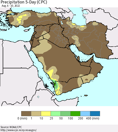 Middle East and Turkey Precipitation 5-Day (CPC) Thematic Map For 8/6/2022 - 8/10/2022