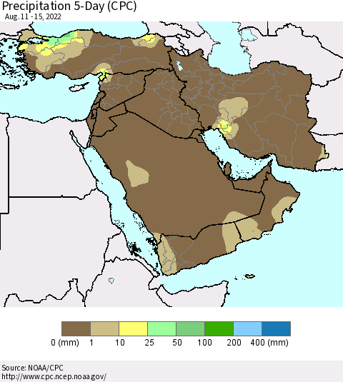 Middle East and Turkey Precipitation 5-Day (CPC) Thematic Map For 8/11/2022 - 8/15/2022