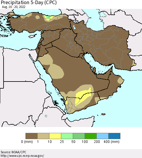 Middle East and Turkey Precipitation 5-Day (CPC) Thematic Map For 8/16/2022 - 8/20/2022