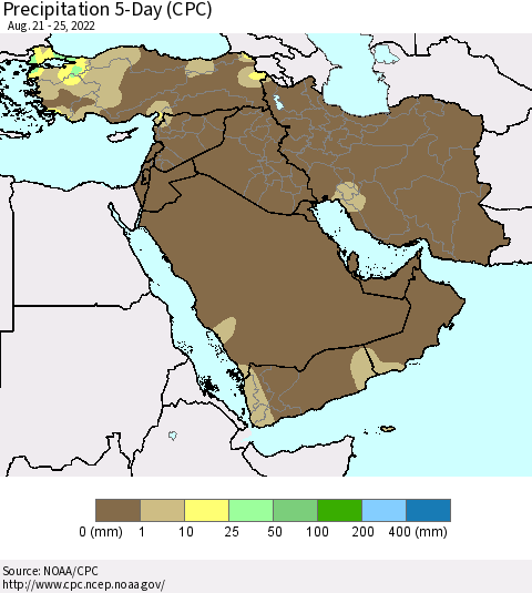 Middle East and Turkey Precipitation 5-Day (CPC) Thematic Map For 8/21/2022 - 8/25/2022