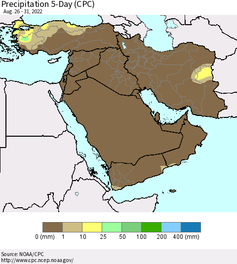 Middle East and Turkey Precipitation 5-Day (CPC) Thematic Map For 8/26/2022 - 8/31/2022