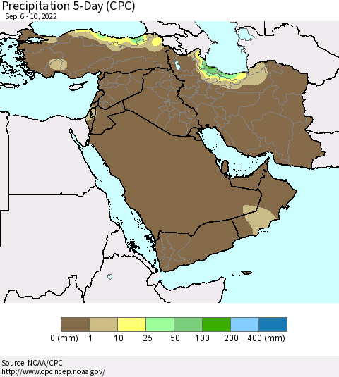 Middle East and Turkey Precipitation 5-Day (CPC) Thematic Map For 9/6/2022 - 9/10/2022