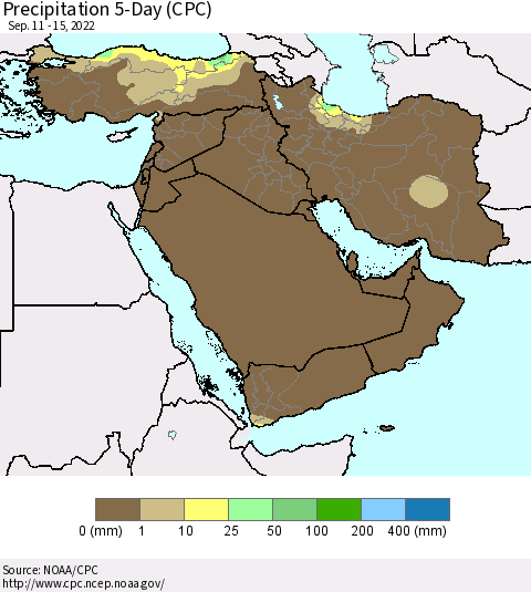 Middle East and Turkey Precipitation 5-Day (CPC) Thematic Map For 9/11/2022 - 9/15/2022
