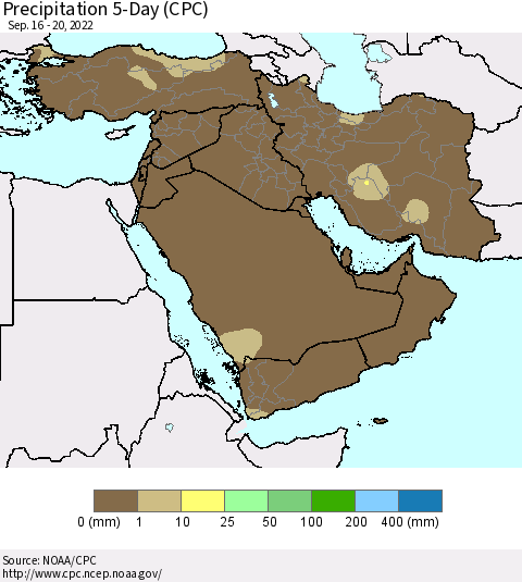 Middle East and Turkey Precipitation 5-Day (CPC) Thematic Map For 9/16/2022 - 9/20/2022