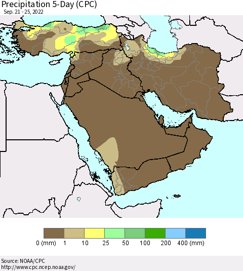 Middle East and Turkey Precipitation 5-Day (CPC) Thematic Map For 9/21/2022 - 9/25/2022