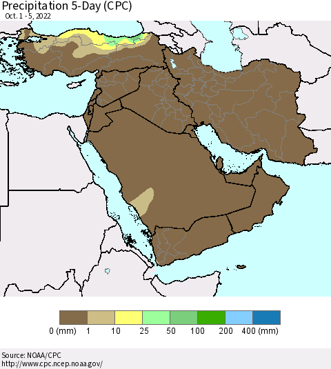 Middle East and Turkey Precipitation 5-Day (CPC) Thematic Map For 10/1/2022 - 10/5/2022