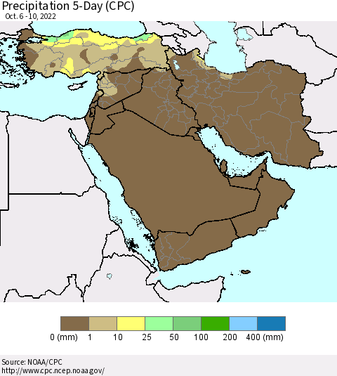 Middle East and Turkey Precipitation 5-Day (CPC) Thematic Map For 10/6/2022 - 10/10/2022