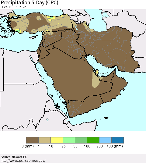 Middle East and Turkey Precipitation 5-Day (CPC) Thematic Map For 10/11/2022 - 10/15/2022