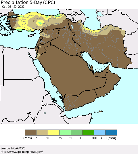 Middle East and Turkey Precipitation 5-Day (CPC) Thematic Map For 10/16/2022 - 10/20/2022