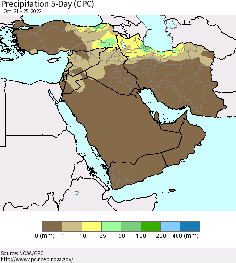 Middle East and Turkey Precipitation 5-Day (CPC) Thematic Map For 10/21/2022 - 10/25/2022