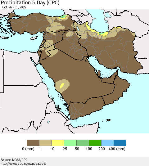 Middle East and Turkey Precipitation 5-Day (CPC) Thematic Map For 10/26/2022 - 10/31/2022